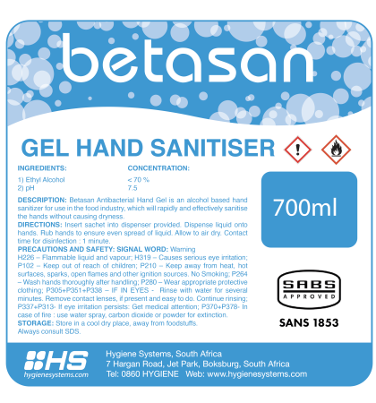 BETASAN ANTIBACTERIAL GEL SANITISER SACHET - 700ml x 6